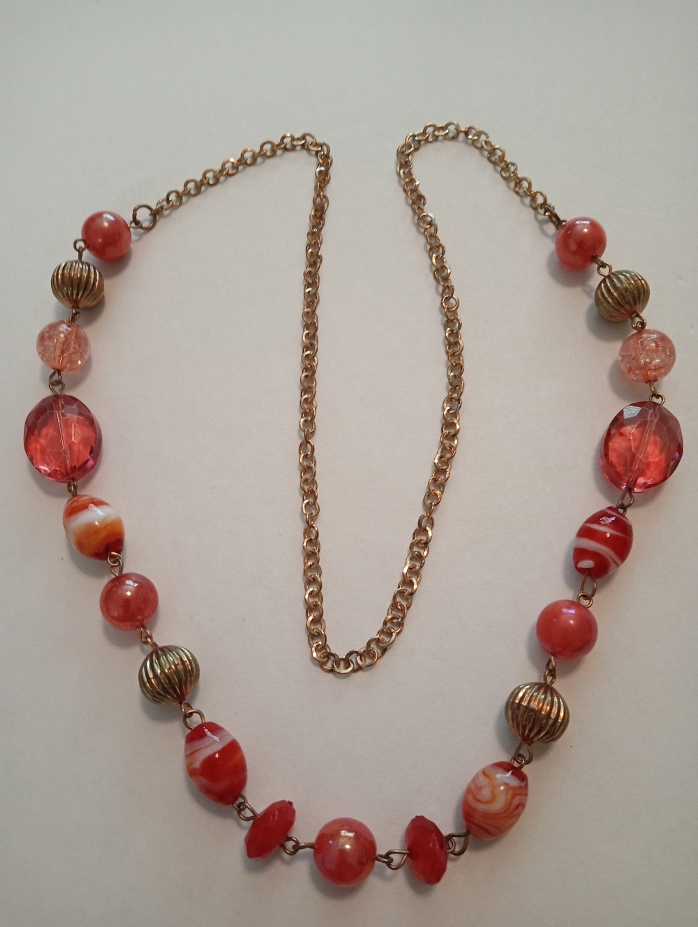 #1206.  Orange/ Red And Gold Toned, Glass & Acrylic, Beaded Necklace